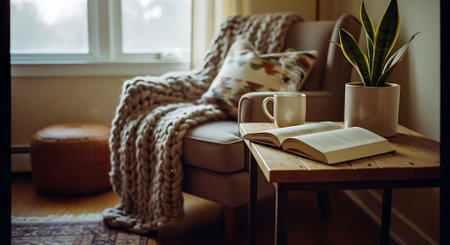 A warm living room scene featuring a beige armchair with a knitted blanket, an open book, a white mug, and a potted snake plant on a wooden side table.の素材