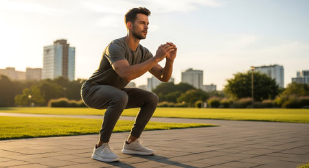A man in athletic wear doing squats in a park with city skyline in the background.の素材