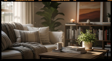 A warm, inviting living room with a coffee table, books, and a potted plant. Soft lighting and comfortable cushions create a relaxing atmosphere.の素材