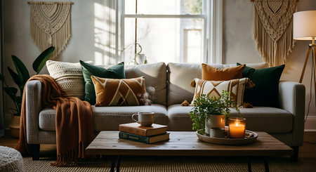 A bright living room featuring a gray sofa with colorful pillows, a wooden coffee table with books, candles, and plants, and bohemian-style macrame wall hangings.の素材