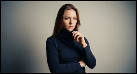 A woman with long hair stands confidently with arms crossed, wearing a navy blue turtleneck sweater against a plain gray background.の素材