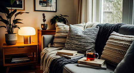 Cozy living room interior with pillows, books and a cup of teaの素材