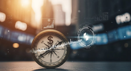 A vintage compass with a dollar sign in the center, set against a blurred cityscape with digital graphics and financial charts.の素材