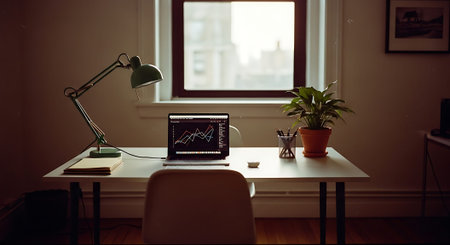 A cozy home office setup with a laptop on a white desk, lamp, potted plant, and a window view. The room has warm lighting and a relaxed atmosphere.の素材