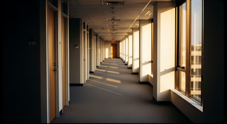 A long, empty hallway with multiple wooden doors and large windows allowing natural light to stream in, creating a bright and airy atmosphere.の素材