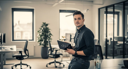 A young professional in a black shirt and jeans stands in a bright office, holding a tablet and smiling at the camera.の素材