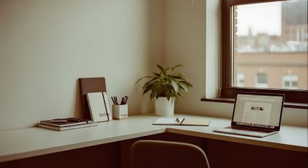 workplace with laptop, notebook and stationery in modern office interiorの素材
