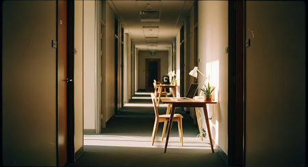 Interior of a hotel corridor with a wooden table and chairs.の素材