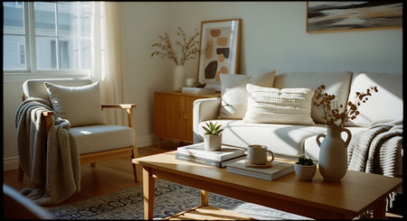 Living room interior with a sofa, coffee table, coffee cup and plants.の素材