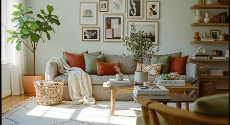 Interior of living room with sofa, coffee table and plants in potsの素材