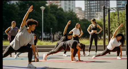 Diverse group practicing yoga outdoors in a city park, with various poses and colorful mats.の素材
