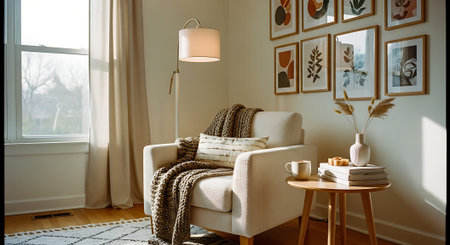 A serene living room featuring a gray armchair, wooden side table, and various framed artworks on a beige wall. Natural light illuminates the space.の素材