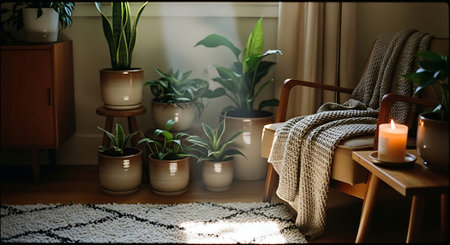 A serene living room featuring multiple potted plants, a wooden chair, a knitted throw blanket, and a lit candle on a side table.の素材