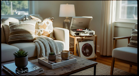 A bright living room featuring a vintage record player, potted plants, a coffee table with a book and mug, and comfortable seating with pillows and a blanket.の素材