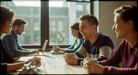 A group of young professionals gathered around a wooden table, engaged in a lively discussion. They are using laptops and holding coffee cups in a bright, modern office setting.の素材