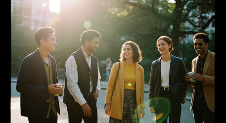 Five young adults standing together outdoors, smiling and conversing in a sunny park with greenery and buildings in the background.の素材