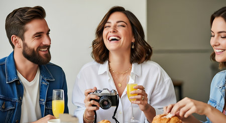 Three friends laughing and enjoying breakfast together, one holding a camera, another with orange juice, and pastries on the table.の素材