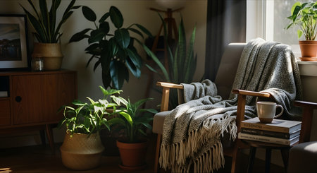 A warm living room featuring multiple potted plants, a cozy chair with textured blankets, a side table with a mug, and natural light.の素材