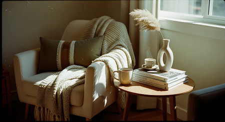 A serene living room scene featuring a beige armchair with knitted blankets, a side table with books, a tea set, and decorative vases with dried flowers.の素材