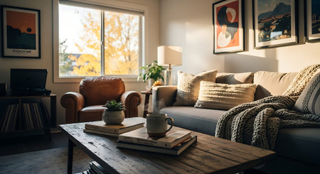 A warm living room featuring a brown leather armchair, a gray sofa with blankets, a wooden coffee table, and large windows with a fall foliage view.の素材