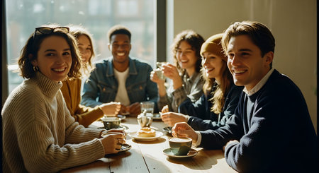 A diverse group of friends smiling and enjoying tea and pastries together at a wooden table in a bright, warm cafe.の素材