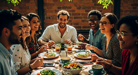 A joyful group of people sharing a meal outdoors, with smiles, laughter, and a variety of fresh dishes on the table.の素材