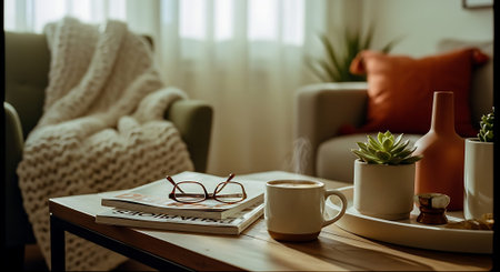 A cozy living room scene with a coffee table featuring a mug, glasses, notebook, and potted plants. Soft lighting and warm textures create a relaxing atmosphere.の素材