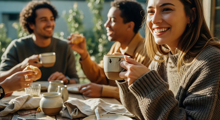 A group of smiling friends sitting at a table, enjoying coffee and pastries in an outdoor setting.の素材