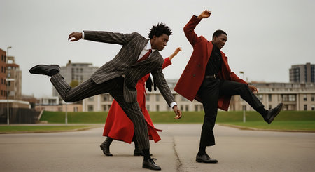 Two men in stylish, colorful coats dancing energetically on a city street with buildings in the background.の素材