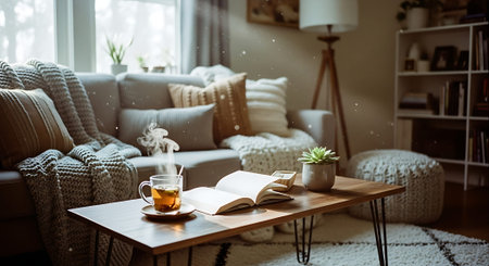 A warm living room featuring a gray sofa, wooden coffee table with tea, an open book, potted plants, and soft lighting.の素材