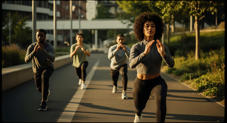 Four individuals running together on a paved path in an urban park setting with greenery and buildings in the background.の素材