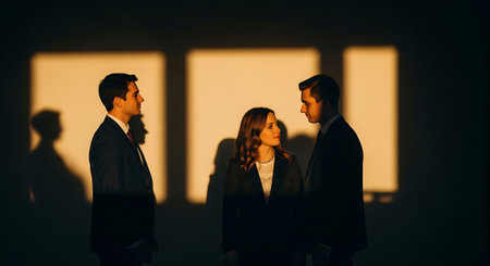 Three individuals in business attire engaged in a serious discussion in a dimly lit room with warm backlighting.の素材