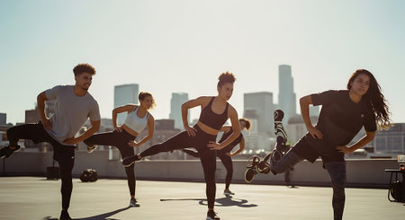 Five dancers in athletic wear performing dynamic poses on a rooftop with a city skyline in the background.の素材