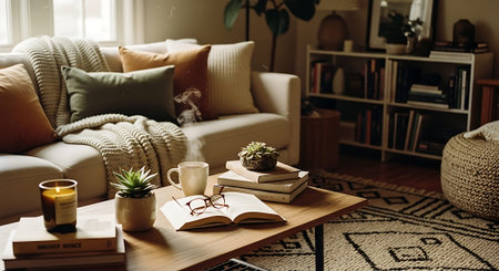 A warmly lit living room featuring a beige sofa with pillows, a wooden coffee table with books, glasses, and plants, and a bookshelf in the background.の素材
