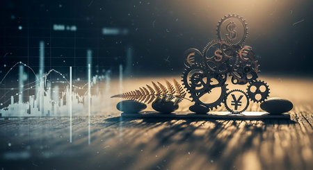 Close-up of mechanical gears with dollar and yen symbols, set against a blurred financial graph backdrop with a futuristic, glowing effect.の素材