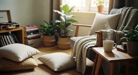 A warm, inviting living room featuring wooden furniture, plush cushions, and various potted plants. A cup of coffee sits on a side table.の素材