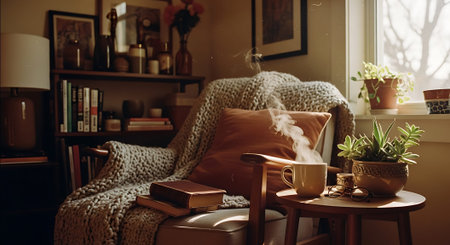 A warm living room featuring a leopard print blanket on a brown chair, books, a steaming cup of tea, and potted plants by the window.の素材