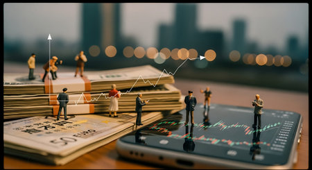 Small figurines on stacks of US dollar bills and a smartphone displaying a stock chart, set against a blurred city skyline.の素材