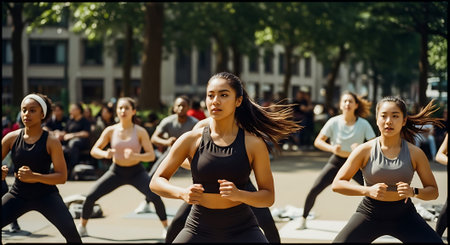 Diverse group of women participating in an outdoor fitness class, wearing athletic clothing and performing dynamic exercises in a park setting.の素材