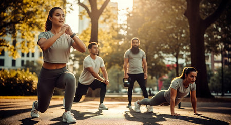 A group of four individuals performing various exercises in a park during sunrise, with trees and buildings in the background.の素材