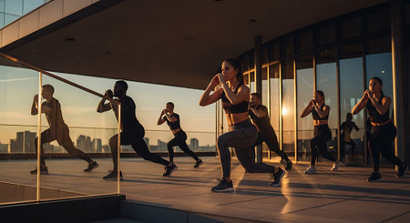 A group of athletes performing boxing exercises on a rooftop during sunset, reflected in large glass windows.の素材