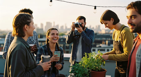 A cheerful group of friends socializing on a rooftop with drinks, plants, and a cityscape in the background.の素材