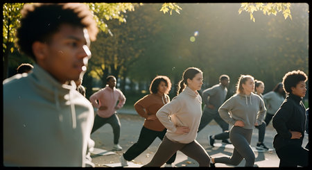 A diverse group of individuals running together in a park, with sunlight filtering through the trees, creating a dynamic and energetic scene.の素材