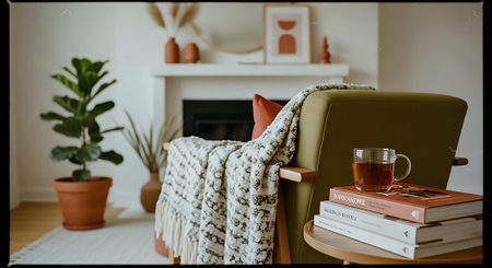 A cozy living room scene featuring a green armchair with a knitted blanket, a stack of books, a cup of tea, and potted plants.の素材