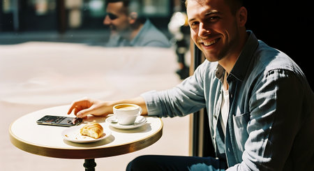 A man sitting at a round table outdoors, smiling, with a coffee cup, pastry, and smartphone.の素材