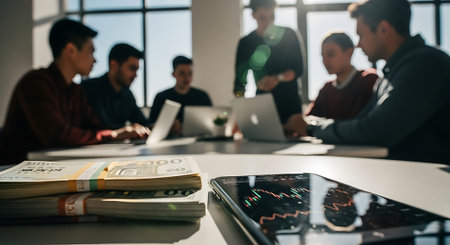 A team of professionals gathered around a table with laptops, tablets, and books, engaged in a collaborative discussion in a bright office environment.の素材