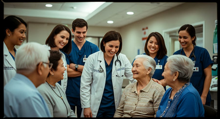 A group of elderly patients and medical professionals smiling and interacting in a hospital setting.の素材