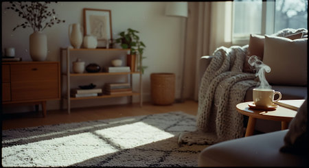 A warm, inviting living room with a steaming cup of coffee, soft blankets, and natural sunlight streaming through a large window.の素材