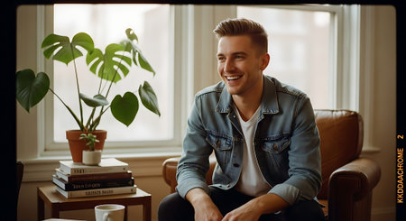A cheerful man in a denim jacket smiles while sitting in a cozy living room with a potted plant and books on a side table.の素材