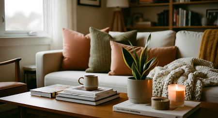 A warm living room featuring a white sofa with colorful pillows, a coffee table with books, a plant, a candle, and a cozy blanket.の素材